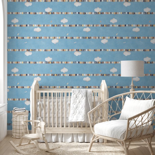 Watercolor Garland Flags Clouds Sky Blue Nursery Wallpaper (Kids)