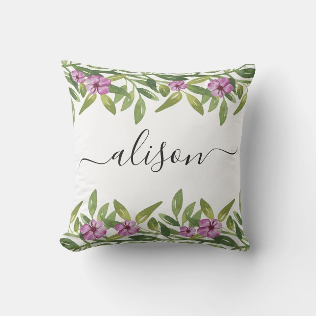 Watercolor garland handwritten calligraphy floral cushion (Front)