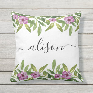 Watercolor garland handwritten calligraphy floral cushion