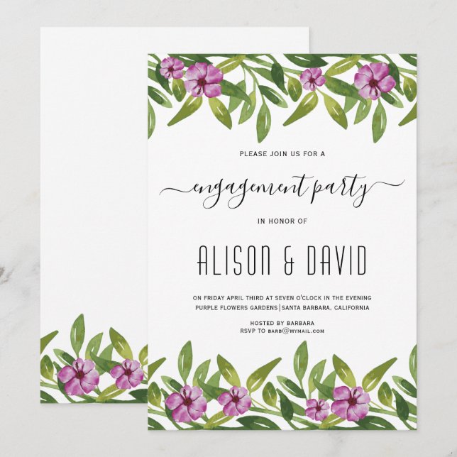 Watercolor garland purple wedding engagement party invitation (Front/Back)