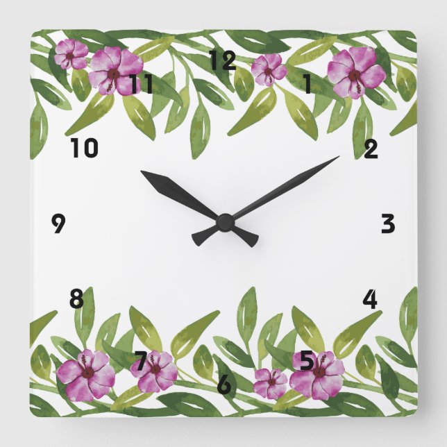 Watercolor garland with greenery & purple flowers square wall clock (Front)