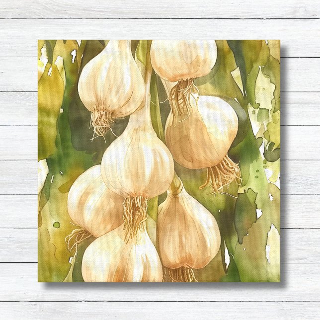 Watercolor Garlic Bulbs - Rustic Green Kitchen Canvas Print (Watrecolor Garlic - Green Rustic Kitchen Wall Art Canvas)