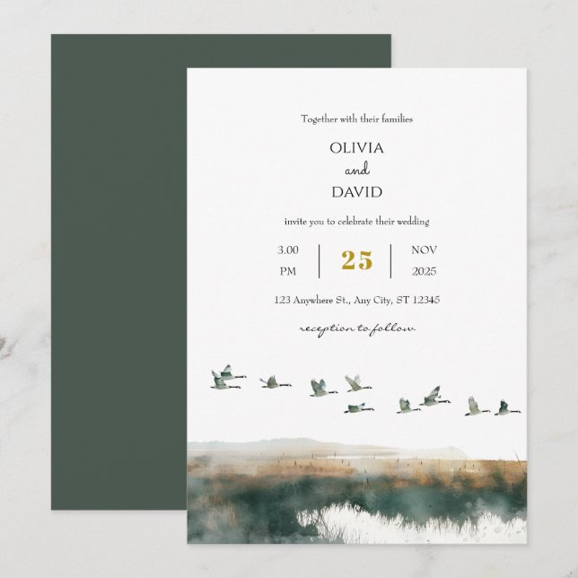 Watercolor Geese Coastal Twilight Beach Wedding  Invitation (Front/Back)