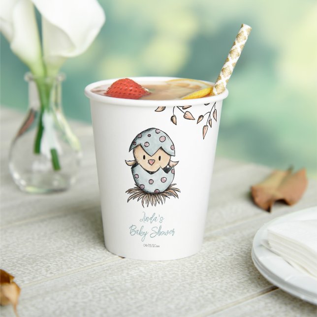 Watercolor Gender Neutral Bird Baby Shower Paper Cups (Insitu)