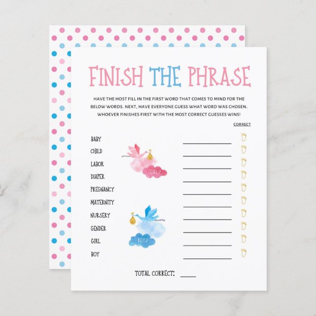 Watercolor Gender Reveal Finish The Phrase Game (Front/Back)