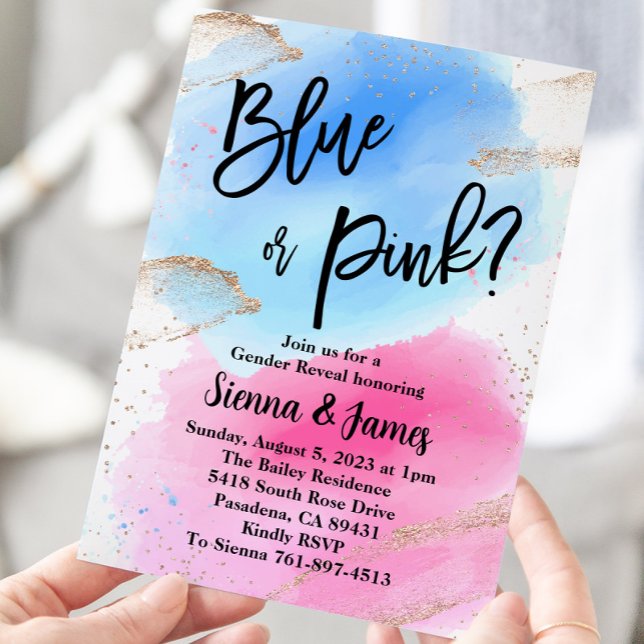 Watercolor Gender Reveal, Pink Or Blue, Glitter Invitation (Creator Uploaded)