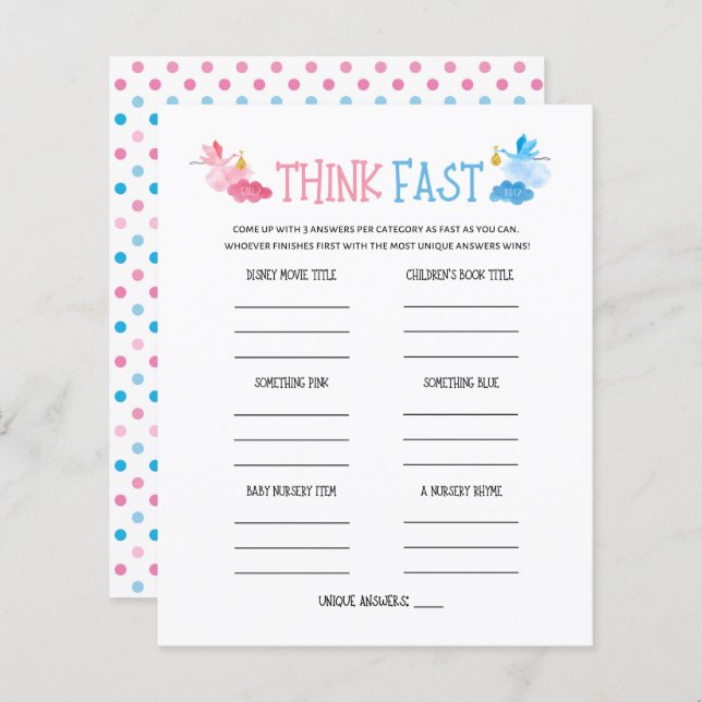 Watercolor Gender Reveal Think Fast Game (Front/Back)