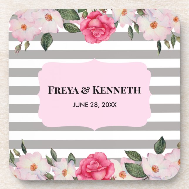Watercolor Gentle Pink White Roses Floral Wedding Coaster (Front)