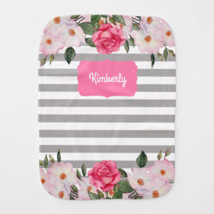 Watercolor Gentle Pink White Roses Grey Stripes Burp Cloth