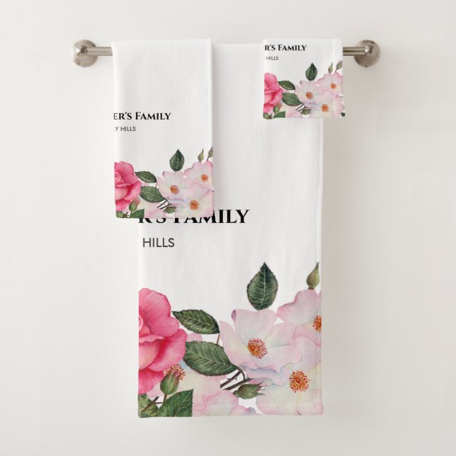 Watercolor Gentle Pink White Roses Illustration Bath Towel Set (Insitu)