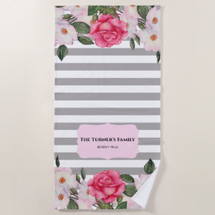 Watercolor Gentle Pink White Roses Illustration Beach Towel