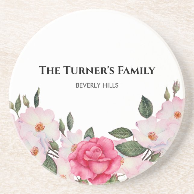 Watercolor Gentle Pink White Roses Illustration Coaster (Front)