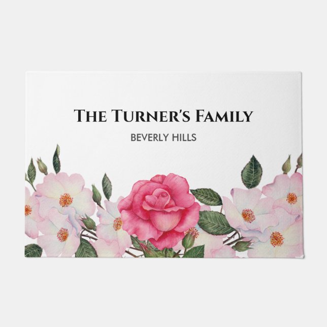 Watercolor Gentle Pink White Roses Illustration Doormat (Front)