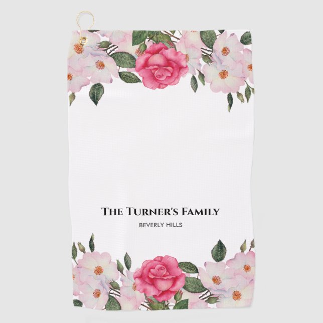 Watercolor Gentle Pink White Roses Illustration Golf Towel (Front)