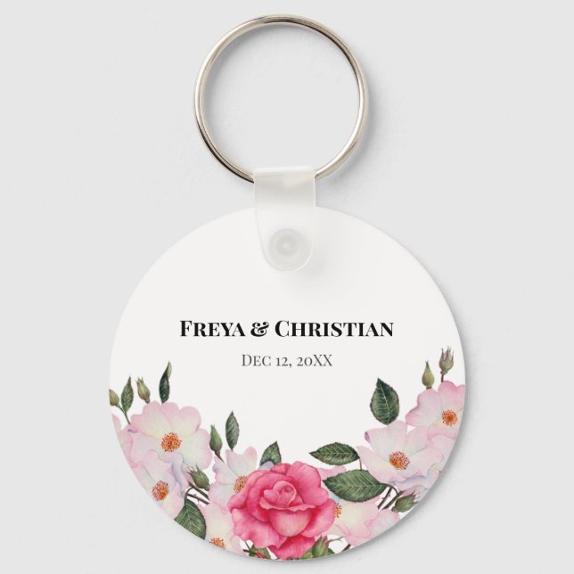 Watercolor Gentle Pink White Roses Illustration Key Ring (Front)