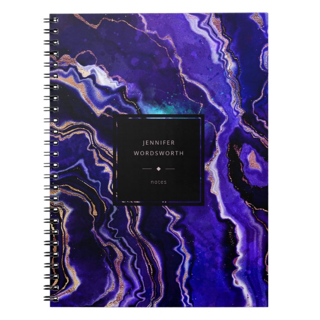 Watercolor Geode Deep Blue Purple Rose Gold Agate Notebook (Front)