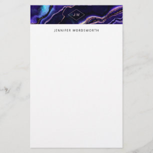 Watercolor Geode Deep Blue Purple Rose Gold Agate Stationery