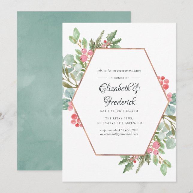 Watercolor Geometric Christmas Engagement Party Invitation (Front/Back)