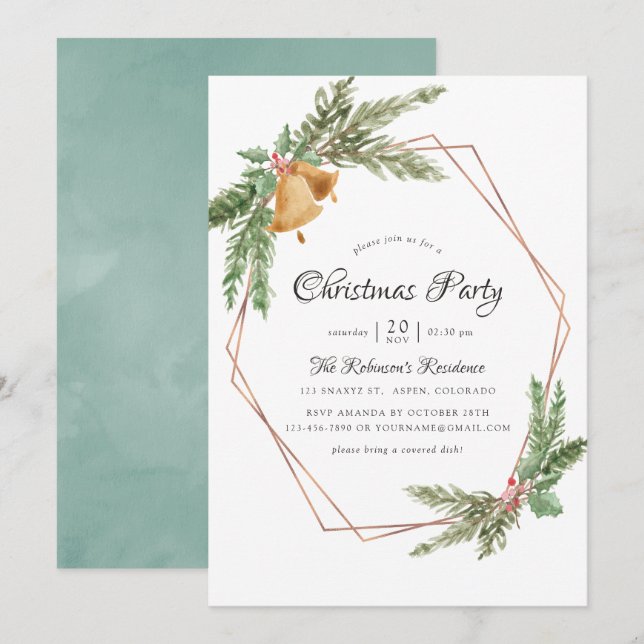 Watercolor Geometric Christmas Party Invitation (Front/Back)