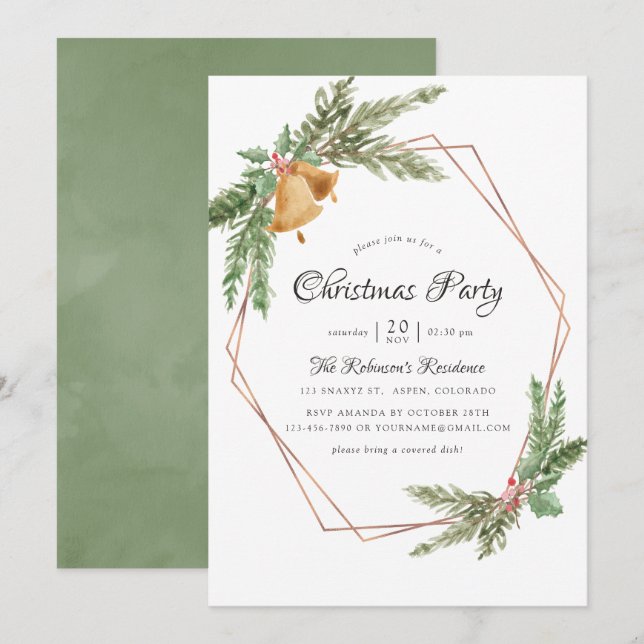Watercolor Geometric Christmas Party Invitation (Front/Back)