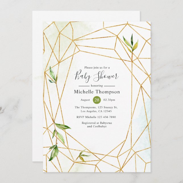 Watercolor Geometric Crystal Greenery Baby Shower Invitation (Front/Back)