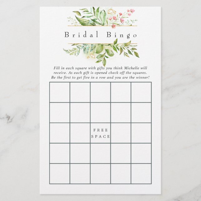 Watercolor Geometric Crystal Greenery Bridal Bingo (Front)