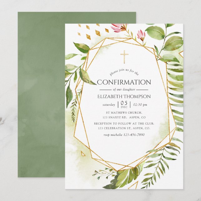 Watercolor Geometric Crystal Greenery Confirmation Invitation (Front/Back)