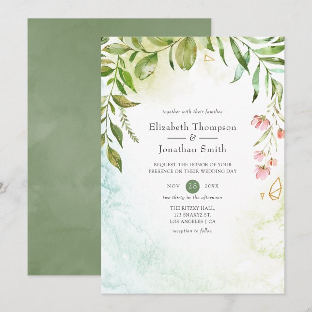 Watercolor Geometric Crystal Greenery Wedding Invitation (Front/Back)