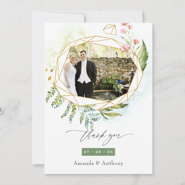 Watercolor Geometric Crystal Wedding Photo Thank You Card (Front)