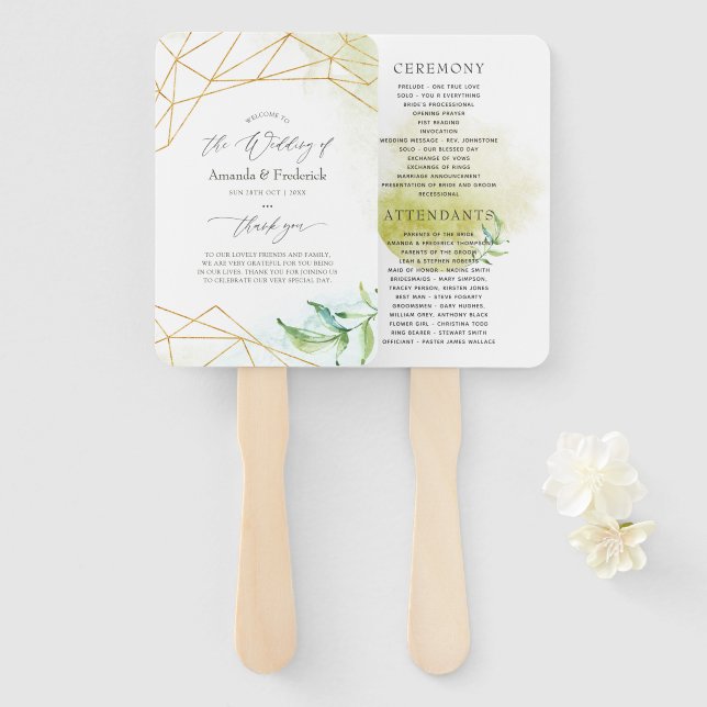 Watercolor Geometric Crystal Wedding Program Hand Fan (Front and Back)