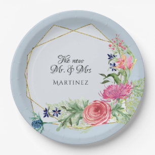 Watercolor Geometric Dusty Blue Pink n Navy Floral Paper Plate