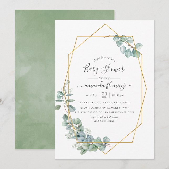 Watercolor Geometric Eucalyptus Baby Shower Invitation (Front/Back)
