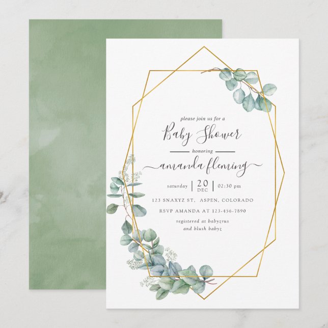 Watercolor Geometric Eucalyptus baby Shower Invitation (Front/Back)