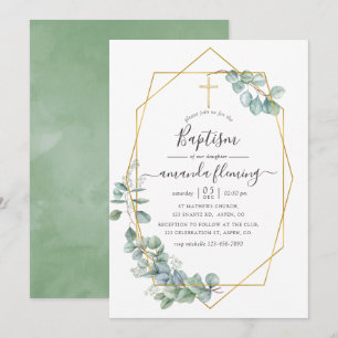 Watercolor Geometric Eucalyptus Baptism Invitation