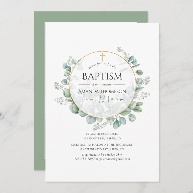 Watercolor Geometric Eucalyptus Baptism Photo Invitation (Front/Back)