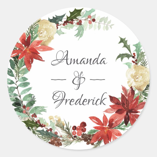 Watercolor Geometric Eucalyptus Christmas Wedding Classic Round Sticker (Front)