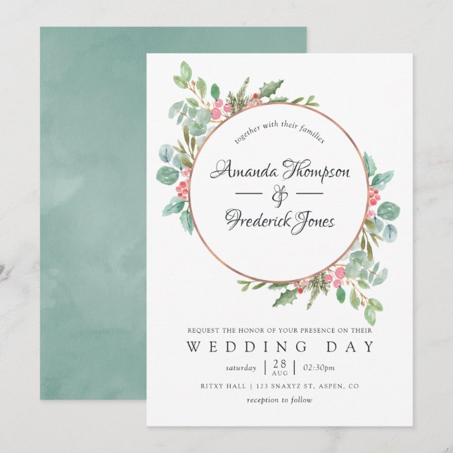 Watercolor Geometric Eucalyptus Christmas Wedding Invitation (Front/Back)