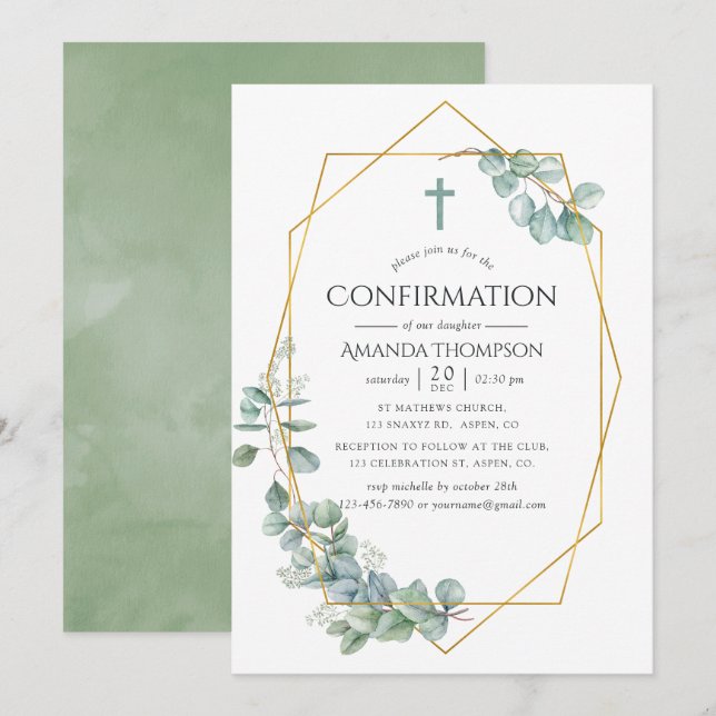 Watercolor Geometric Eucalyptus Confirmation Invitation (Front/Back)