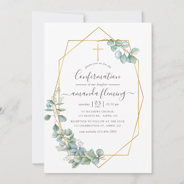 Watercolor Geometric Eucalyptus Confirmation Invitation (Front)