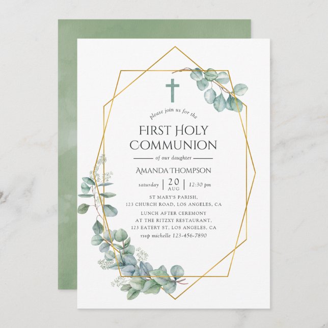 Watercolor Geometric Eucalyptus First Communion Invitation (Front/Back)