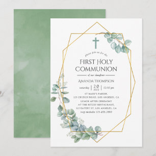 Watercolor Geometric Eucalyptus First Communion Invitation
