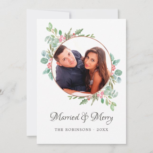 Watercolor Geometric Eucalyptus Married and Merry Holiday Card (Front)
