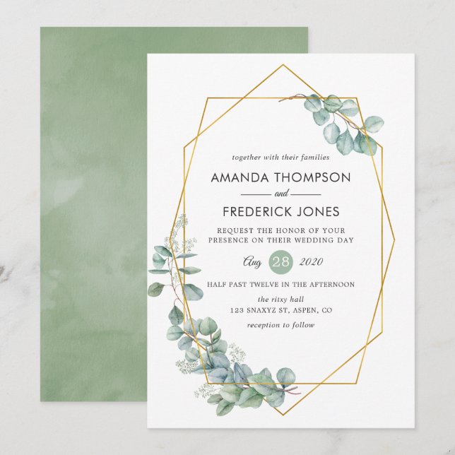 Watercolor Geometric Eucalyptus Wedding Invitation (Front/Back)