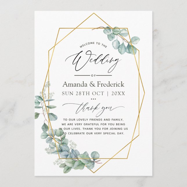 Watercolor Geometric Eucalyptus Wedding Programme (Front)