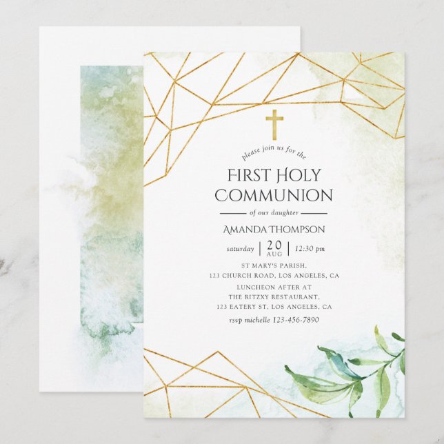 Watercolor Geometric First Holy Communion Invitation (Front/Back)