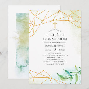 Watercolor Geometric First Holy Communion Invitation