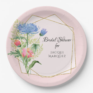Watercolor Geometric Floral Bridal Shower Decor Paper Plate