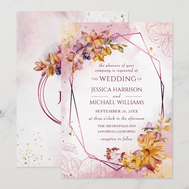 Watercolor Geometric Floral Fall Marsala Wedding Invitation (Front/Back)