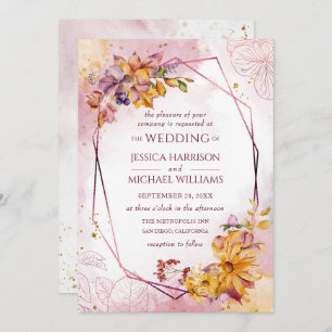 Watercolor Geometric Floral Fall Marsala Wedding Invitation