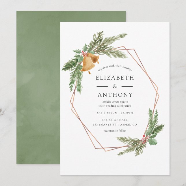 Watercolor Geometric Holly Jolly Christmas Wedding Invitation (Front/Back)
